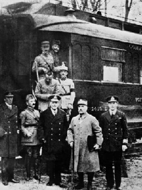Signing of the armistice with Germany on 11 November in a railroad carriage at Compiègne.
