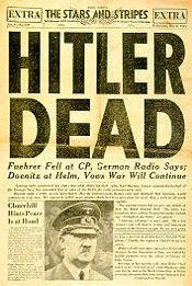 Newspaper heading reading "Hitler Dead"