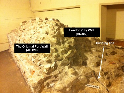 An annotated picture of the London city wall remains