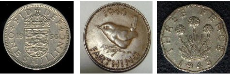 A shilling, farthing and threepenny bit