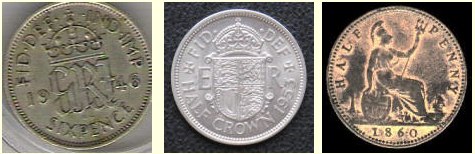 A sixpence (or tanner), half crown and half penny