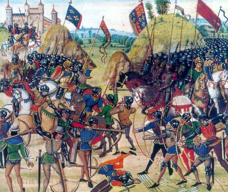 Battle of Crécy between the English and French in the Hundred Years' War.From a 15th-century illuminated manuscript of Jean Froissart's Chronicles
