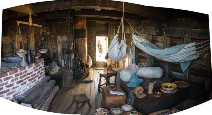 On board the replica of The Mayflower, Mayflower II. Stitched from several images. Author: Kenneth C. Zirkel, licensed under the Creative Commons Attribution-Share Alike 4.0 International license.