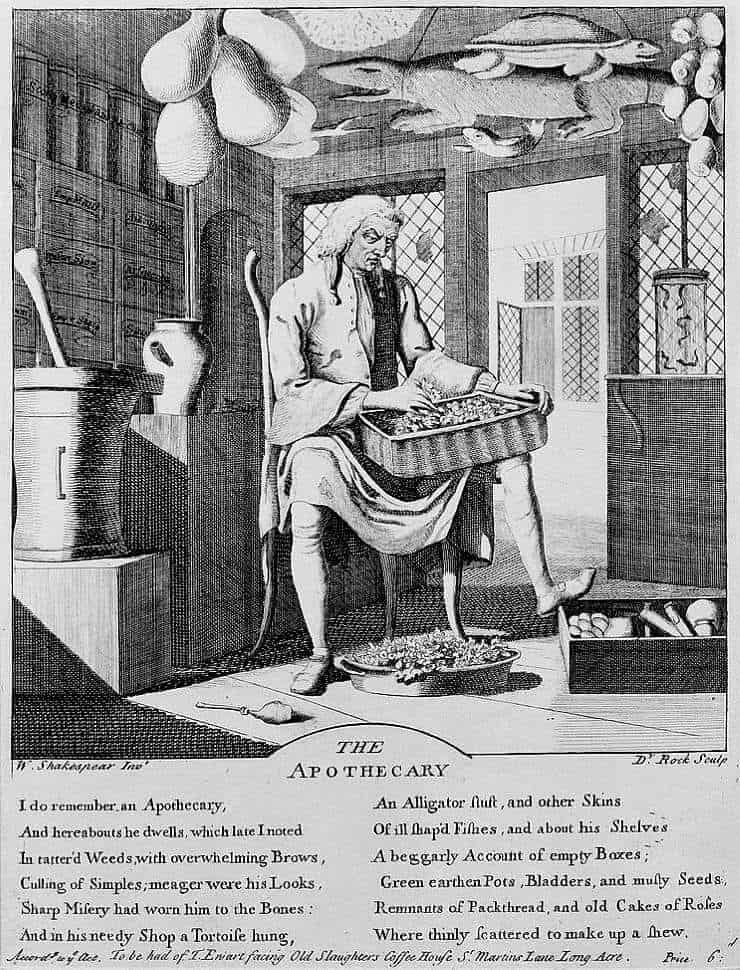 An apothecary sitting in his shop, sorting through materia medica, surrounded by paraphernalia of his profession. Engraving by Dr. Rock, c.1750, after W. Shakespeare.This file comes from Wellcome Images, a website operated by Wellcome Trust, a global charitable foundation based in the United Kingdom. Licensed under the Creative Commons Attribution 4.0 International license.