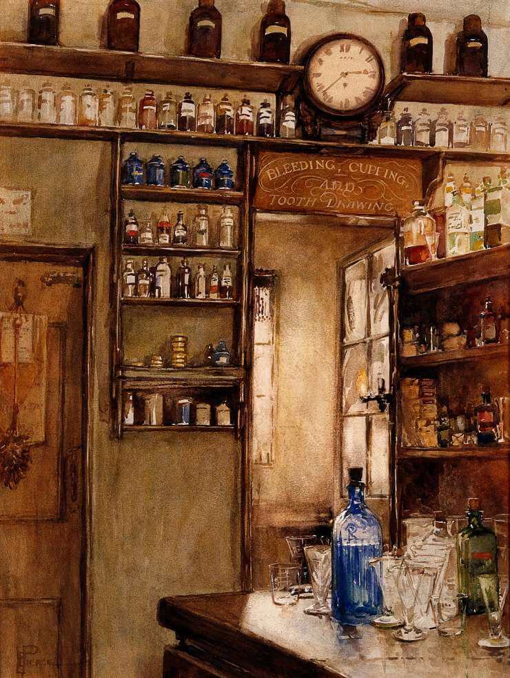 A pharmacy: interior. Watercolour by Lucy Pierce.This file comes from Wellcome Images, a website operated by Wellcome Trust, a global charitable foundation based in the United Kingdom. Licensed under the Creative Commons Attribution 4.0 International license.