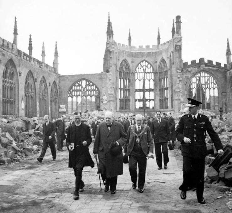 Winston Churchill visits the ruins of Coventry Cathedral