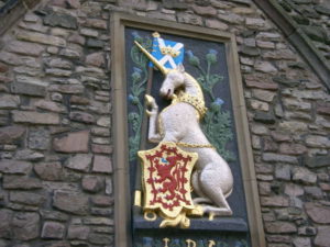 Unicorn of Scotland, Red Lion Rampant and Thistle: heraldic panel at Holyroodhouse