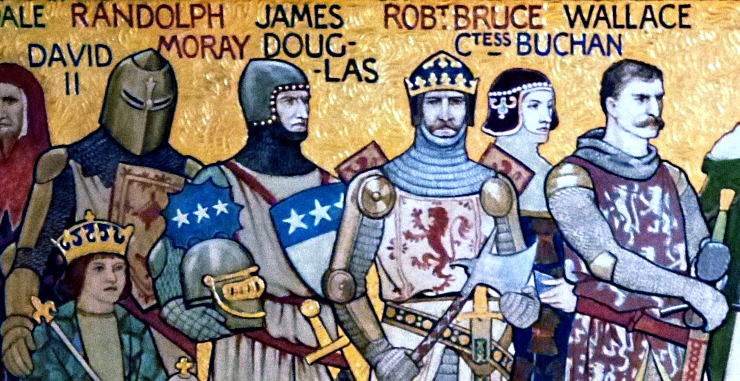 Notable figures in the first Scottish War of Independence including Isabella, Countess of Buchan. Detail from a frieze in the Scottish National Portrait Gallery, Edinburgh, photographed by William Hole. Licensed under the Creative Commons Attribution-Share Alike 3.0 Unported license