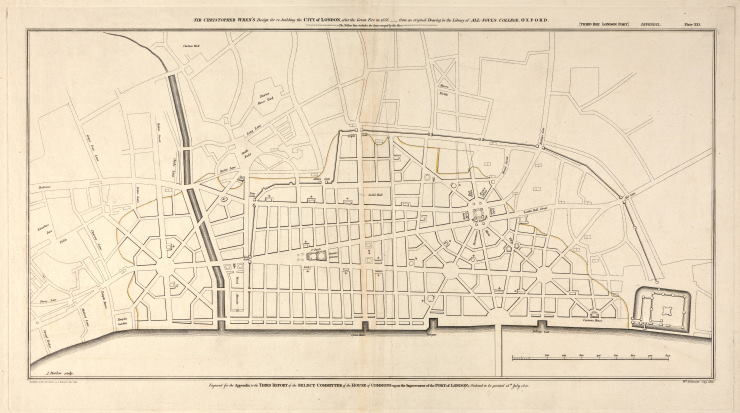 Engraved reproduction of Wren’s post-Fire plan by William Alfred Delamotte, 1800