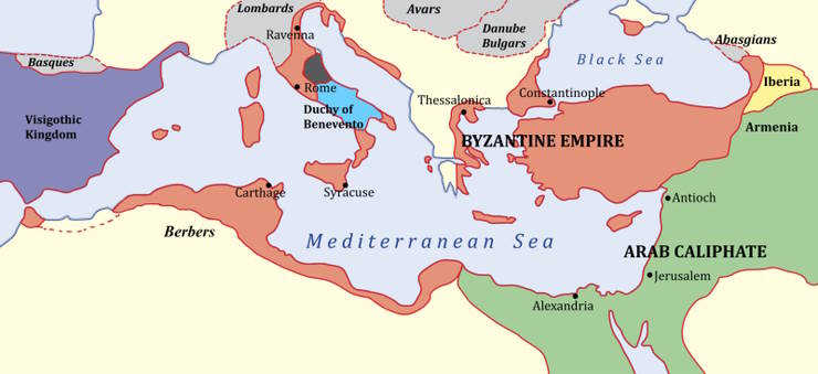 The Byzantiine Empire c. 650, after losing Syria and Egypt to Arab attackers. Licensed under GNU Free Documentation License.