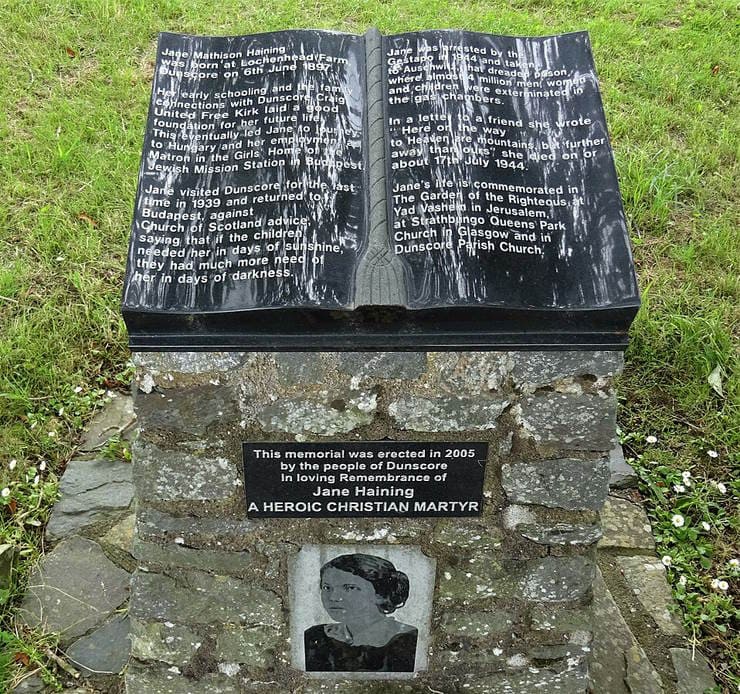 Jane Haining Memorial Cairn, Dunscor. Licensed under the Creative Commons Attribution-Share Alike 4.0 International license.