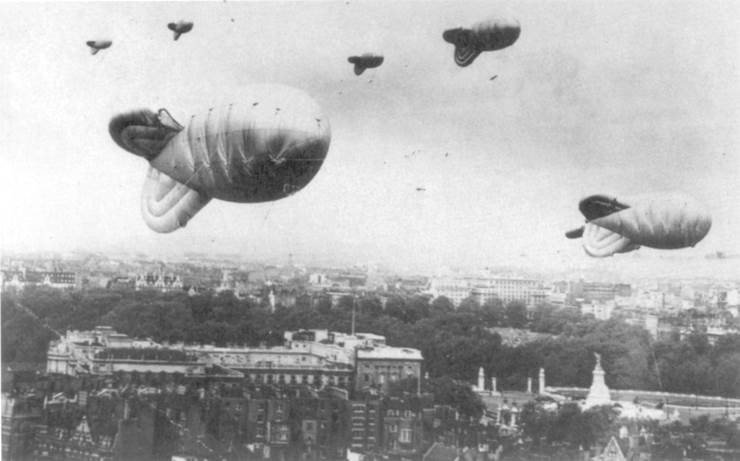 Barrage balloons over London during World War Two