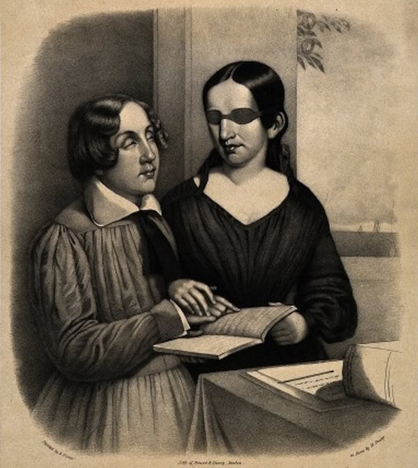 Portrait of Oliver Caswell and Laura Bridgman reading embossed letters from a book. Lithograph by W. Sharp, 1844, after A. FisherCredit: Wellcome Library, London.