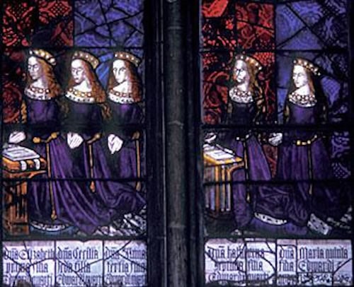 The daughters of Edward IV on a stained glass window: Elizabeth of York, Cecily of York, Anne of York, Katherine of York & Mary of York.