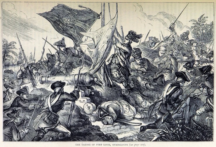 British troops storm Fort Louis during the 1759 Invasion of Guadeloupe. Wikipedia Commons.