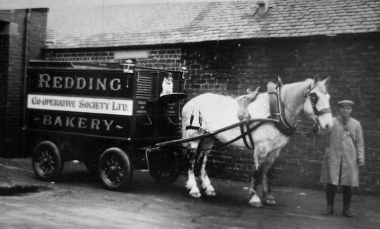 Photograph of a Redding Co-operative Society bakery horse, cart and employee.. Wikipedia Commons