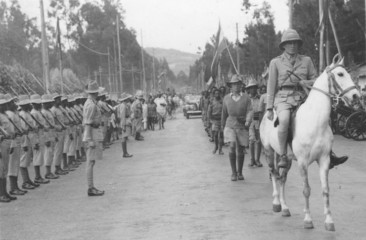 Orde Wingate enters Addis Ababa, Ethiopia on horseback.. WC.