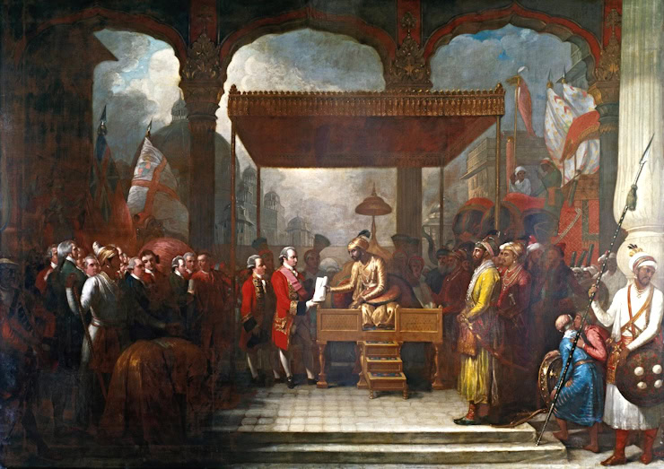 The Mughal emperor Shah Alam hands a scroll to Robert Clive, the governor of Bengal (Treaty of Allahabad), which transferred tax collecting rights in Bengal, Bihar and Orissa to the East India Company, August 1765. WC.