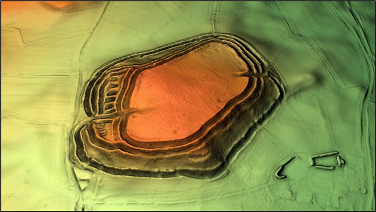 A 3D Digital Terrain Model showing Old Oswestry’s considerable defences – though the damage done by WW1 training exercises has altered the original plan. Credit: Rouven Meidlinger on Wikimedia. Attribution-ShareAlike 4.0 International