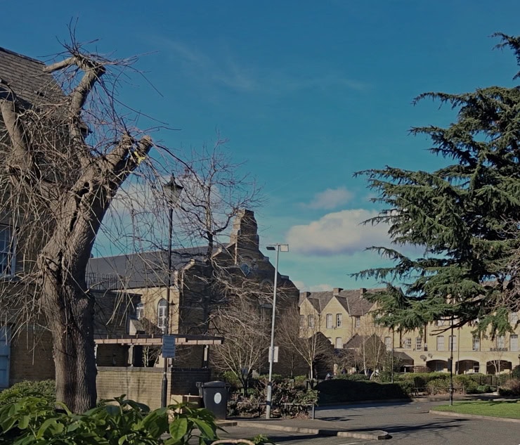 Bethnal Green School Dining Hall, end and side view between boys block and girls block