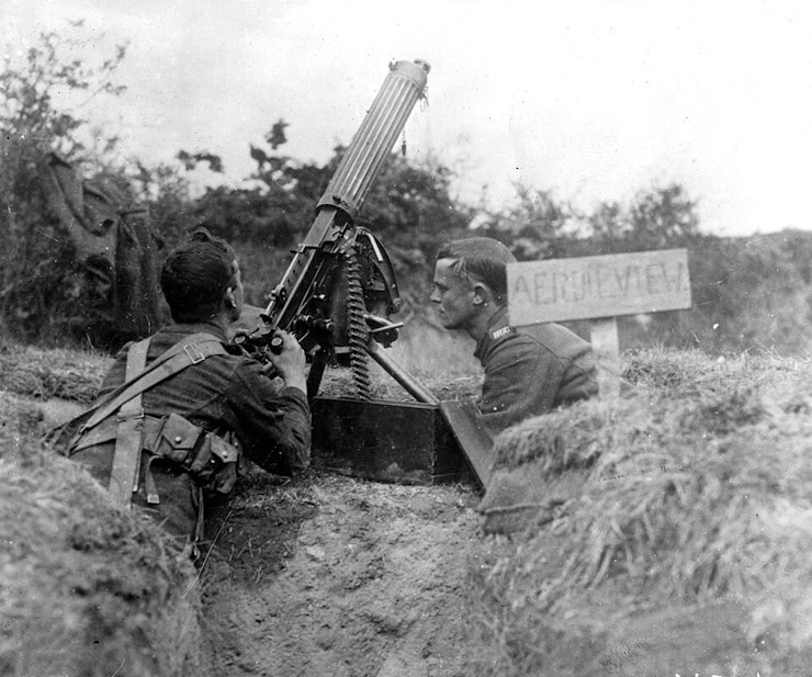 British Vickers machine gun, shown set up for anti-aircraft purposes. Photographed circa 1914-1918.. WC PD>