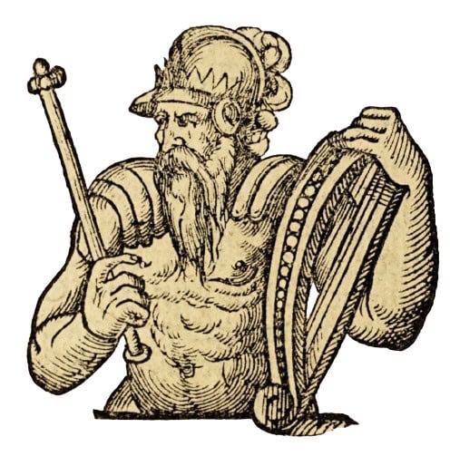 A fanciful illustration of Rhodri Mawr from the Historie of Cambria (1584). CC UPD. Creative Commons CC0 1.0 Universal Public Domain Dedication