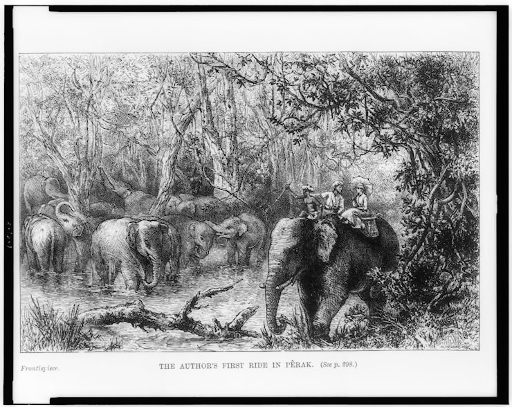 The Author's first ride in Perak. Frontispiece, 'The Golden Chersonese and the way thither' by Isabella L. Bird, 1883. WC PD.