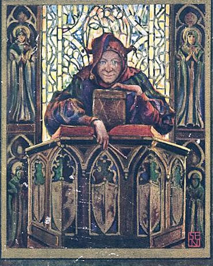 Detail from Illustration by Spencer Baird Nichols for the Cover of Lord of Misrule and Other Poems by Alfred Noyes in 1915.. WC PD.