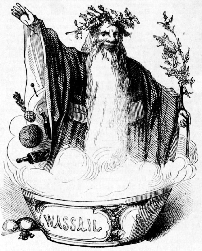 'Old Christmas'. Illustration accompanied by a verse, 'The Song of the Wassail Bowl', Illustrated London News, 1842. WC PD.