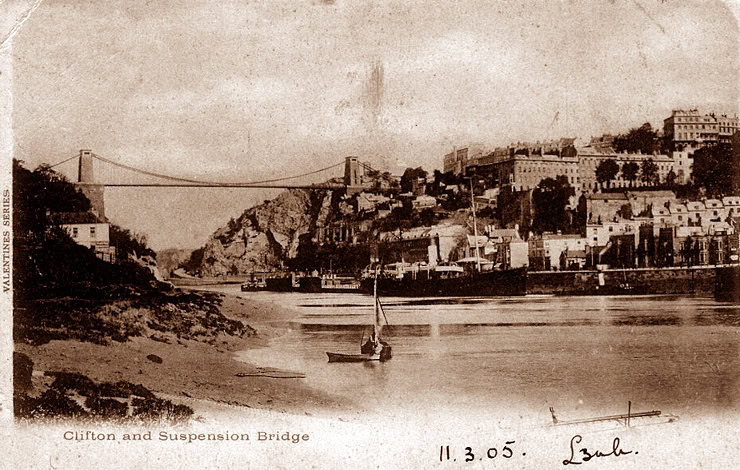 Postcard showing Clifton Suspension Bridge over the River Avon, 1905. WC PD.