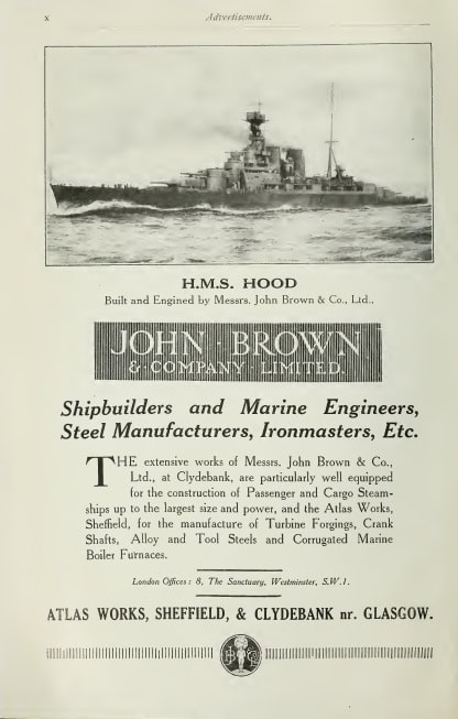 Advertisement for John Brown & Co., shipbuilders in Brassey's Naval Annual 1923, showing HMS Hood - built by John Brown.. WC PD.