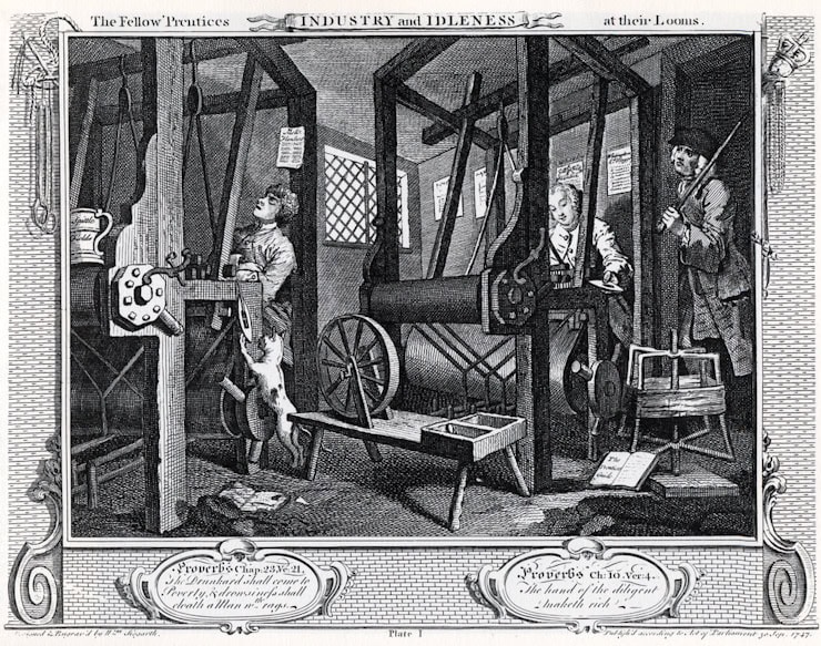 Industry and Idleness, Plate 1; The Fellow 'Prentices at their Looms, William Hogarth. WC PD.