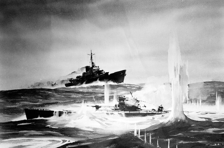 Painting by Coast Guardsman, Chief Boatswain’s Mate Hunter Wood. Image possibly pertains to the sinking of U-175 on April 17, 1943.. WC PD.
