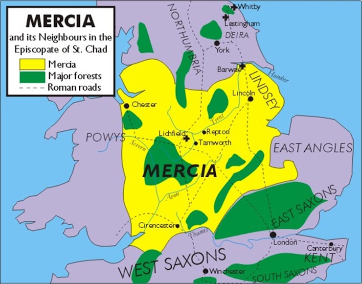 Map of Mercia with Forest of Arden in centre (Picture: Wikimedia Commons). Creative Commons Attribution-ShareAlike 3.0 License.