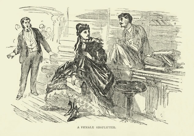 19th Century Female Shoplifter. Book Illustration; “A Female Shoplifter,” from James D. McCabe Jr. Lights and Shadows of New York Life. Philadelphia, 1872. WC PD.