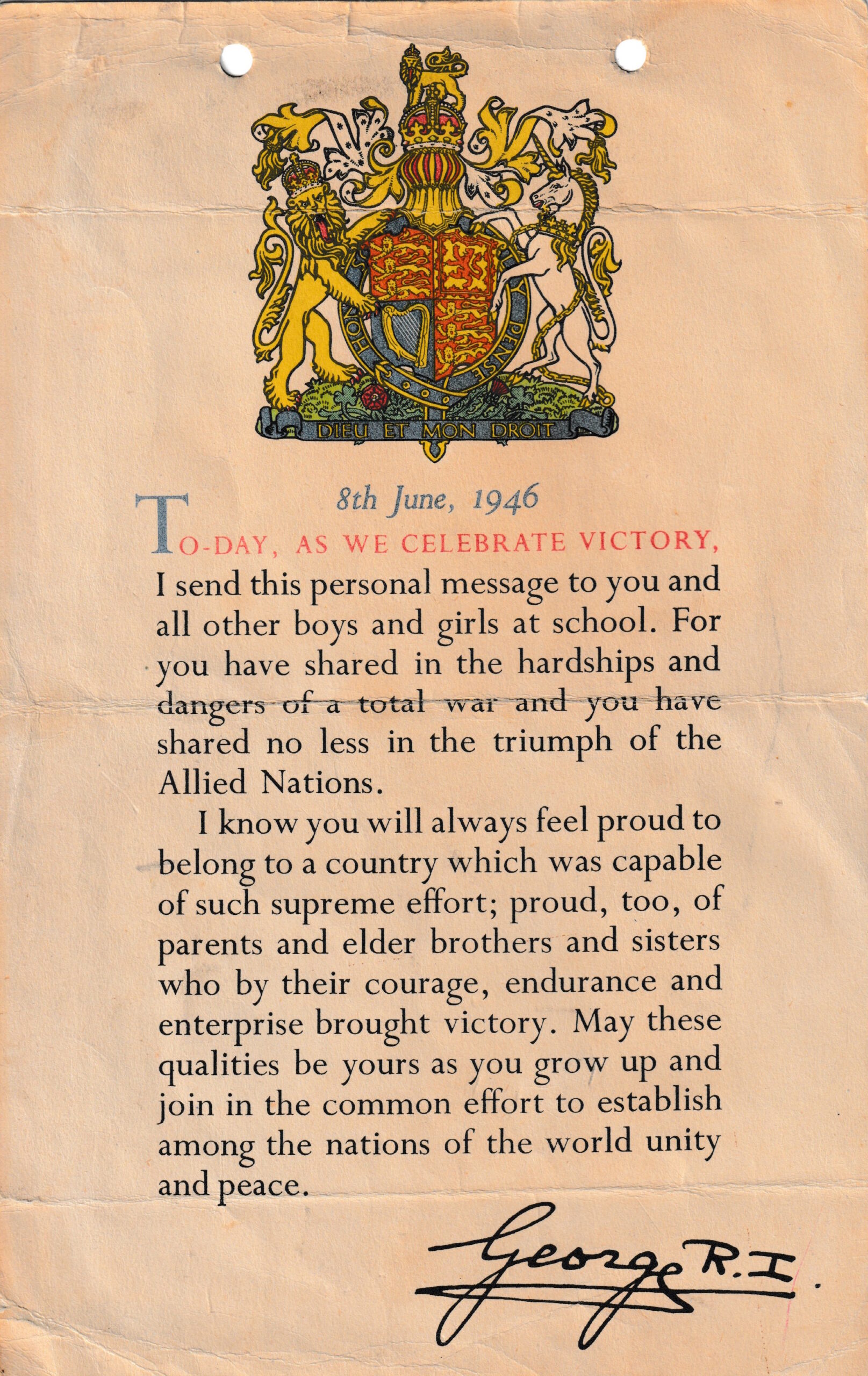 Victory letter sent to all school children by the King. HUK.