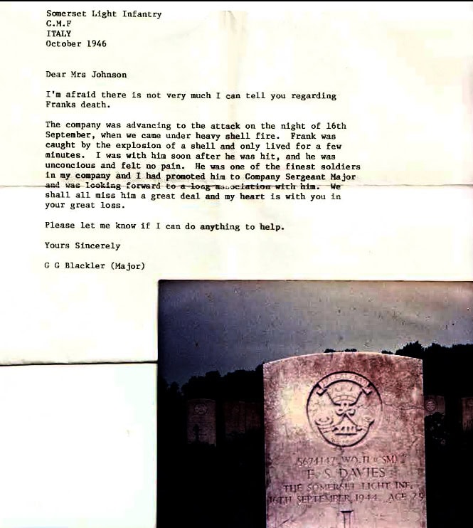 Letter of condolence to the family of Company Sergeant Frank Davies of the Somerset Light Infantry who died on 16th September 1944 in Italy. HUK.
