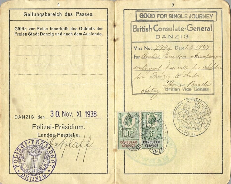 Identity Document for travelling to the UK, issued in 1939 and used by a child on the Kindertransport. WC PD.