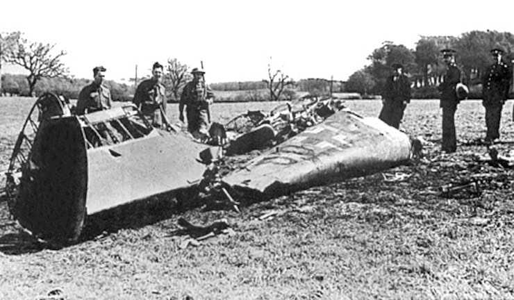 Wreckage of Hess' plane, Eaglesham, Scotland. WC PD.