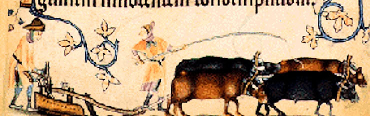 Ploughman and his oxman, detail from a page from the 14th-century Luttrell Psalter. WC PD.