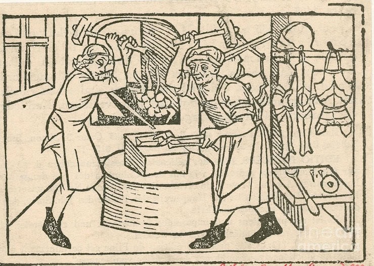 Woodcut of blacksmiths from The Mirror of Human Life, 1470. WC PD.